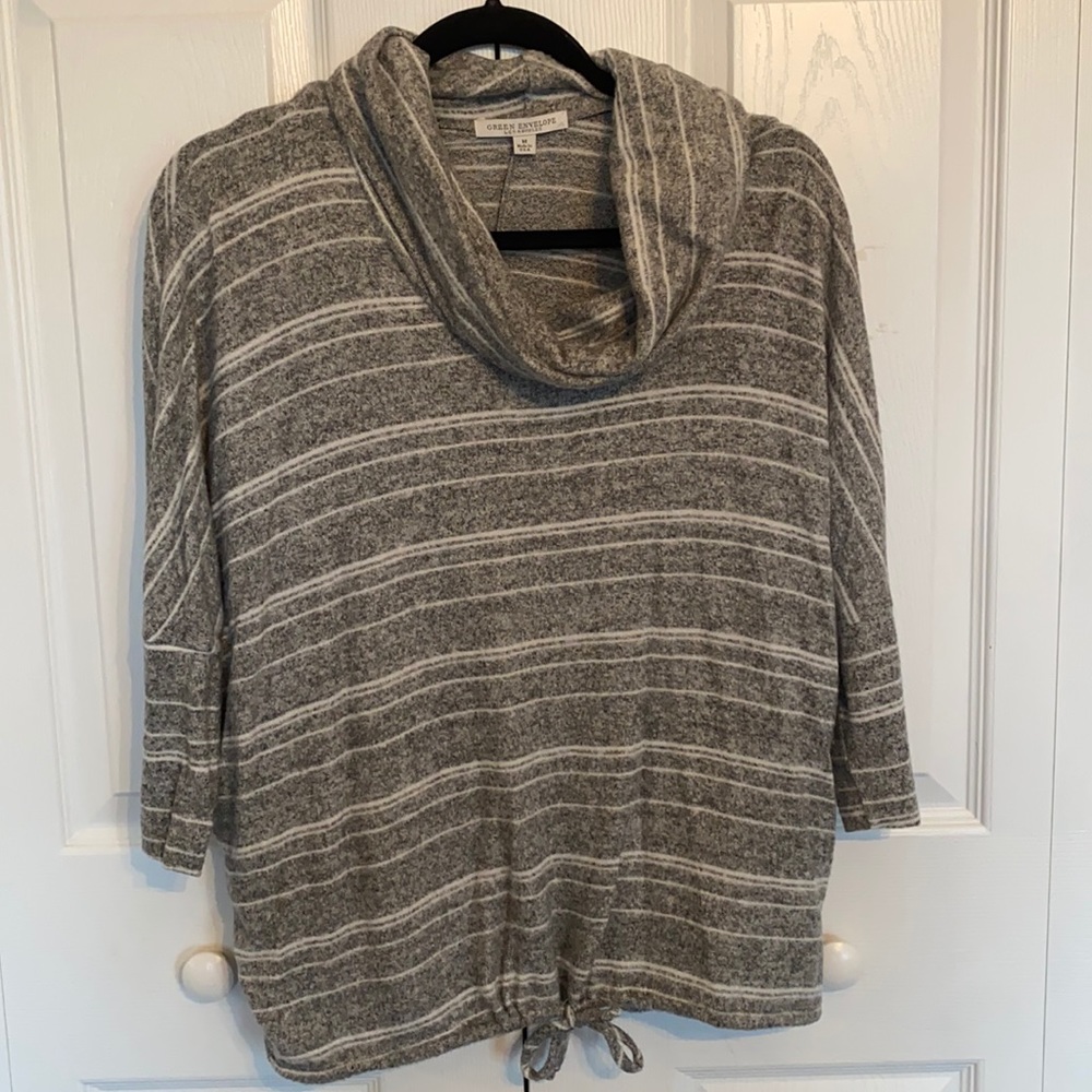 Grey and white cowl neck sweater, M, tie at bottom, new condition